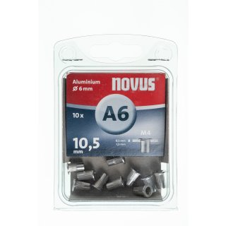 10 Novus Aluminium-Blindnietmuttern Ø6mm,10,5 mm,Typ A6/10,5 mm M4 Nr.: 045-0041