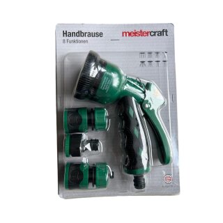 Meistercraft Handbrause 8 Funktionen, Gartenbrause, Spritzpistole 4-tlg., Gartenschlauch Zubehör, Adapter